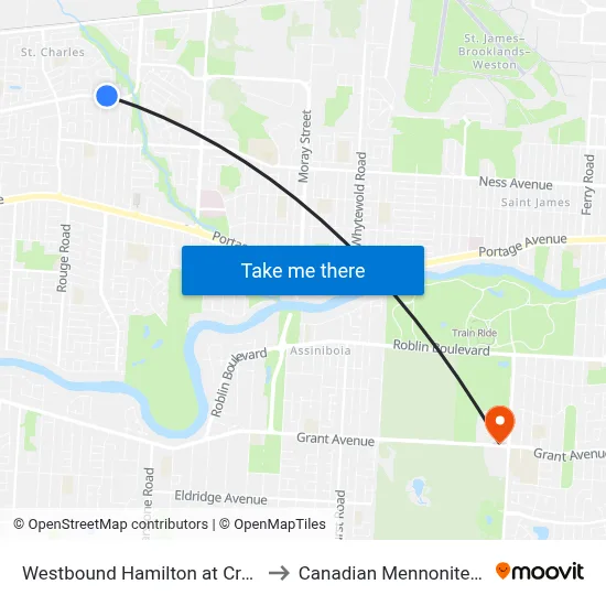 Westbound Hamilton at Crestview Park to Canadian Mennonite University map
