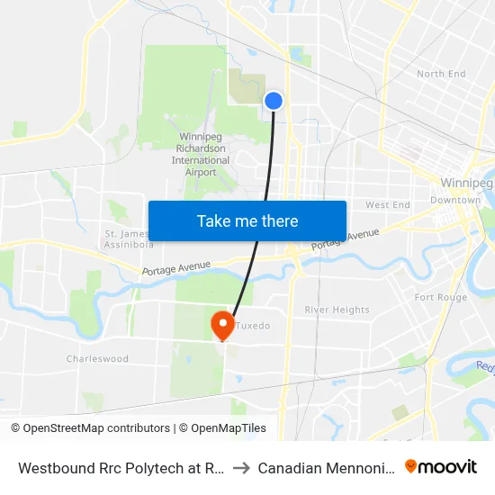 Westbound Rrc Polytech at Rrc Polytech (D18) to Canadian Mennonite University map
