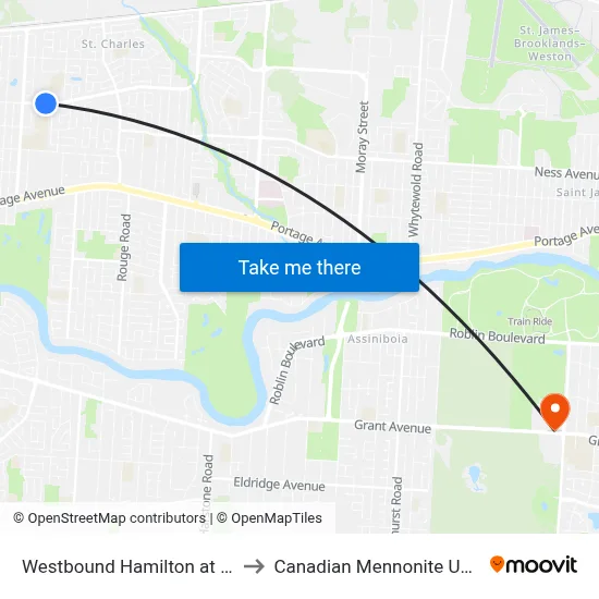 Westbound Hamilton at Redfern to Canadian Mennonite University map