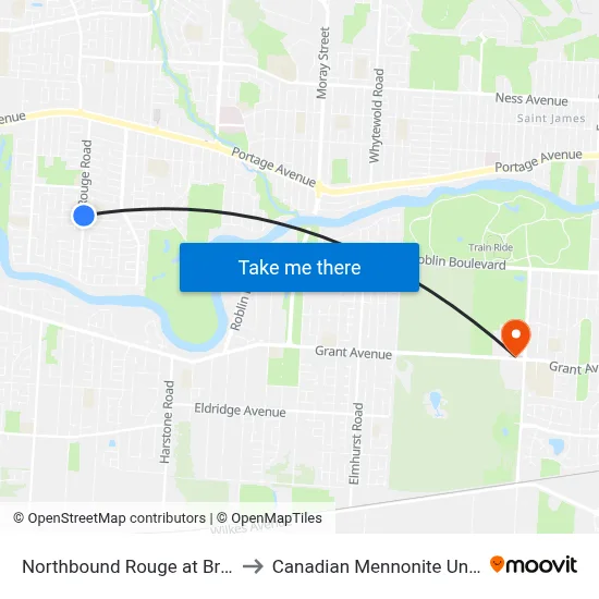 Northbound Rouge at Browning to Canadian Mennonite University map