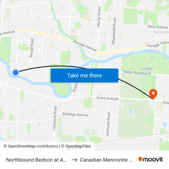 Northbound Bedson at Assiniboine to Canadian Mennonite University map