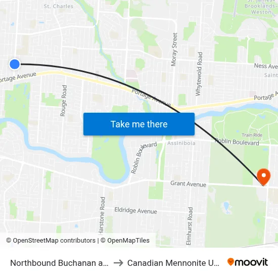 Northbound Buchanan at Livinia to Canadian Mennonite University map