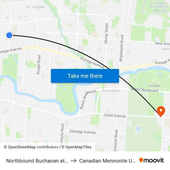 Northbound Buchanan at Fairlane to Canadian Mennonite University map