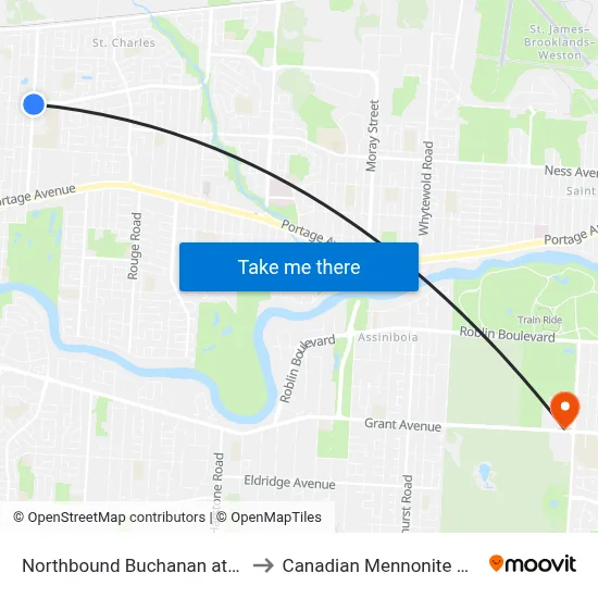 Northbound Buchanan at Hamilton to Canadian Mennonite University map