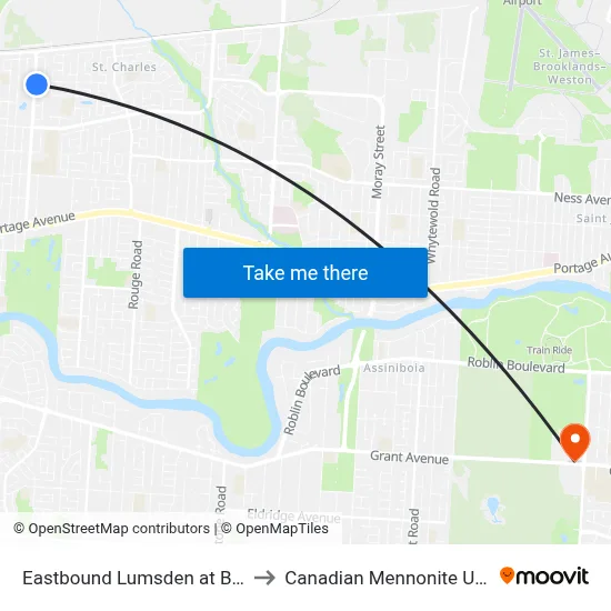 Eastbound Lumsden at Buchanan to Canadian Mennonite University map