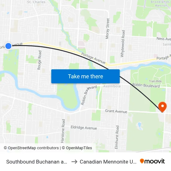Southbound Buchanan at Portage to Canadian Mennonite University map