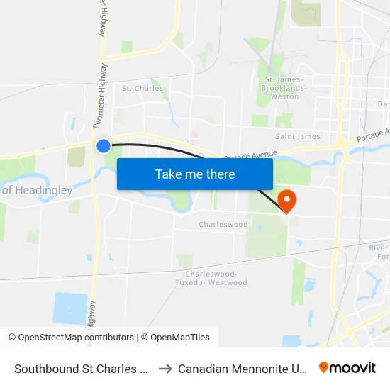 Southbound St Charles at Allard to Canadian Mennonite University map