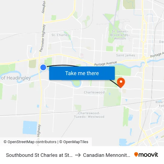 Southbound St Charles at St. Charles Loop to Canadian Mennonite University map