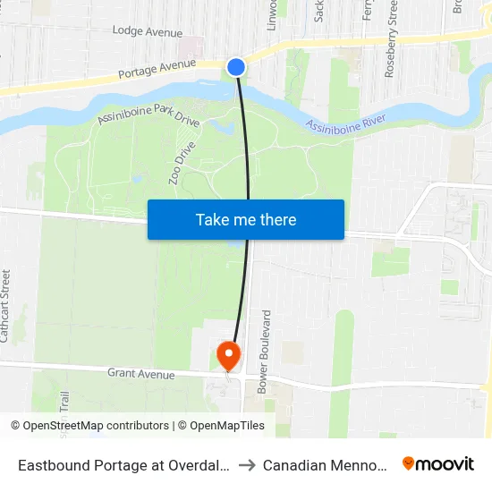 Eastbound Portage at Overdale (Assiniboine Park) to Canadian Mennonite University map