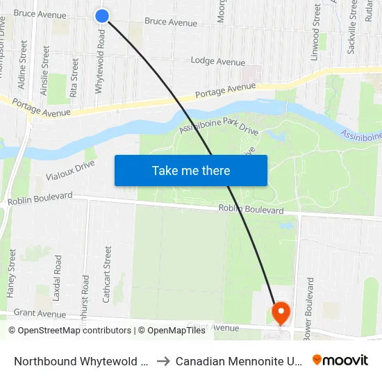 Northbound Whytewold at Bruce to Canadian Mennonite University map