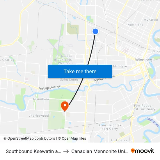 Southbound Keewatin at Ross to Canadian Mennonite University map