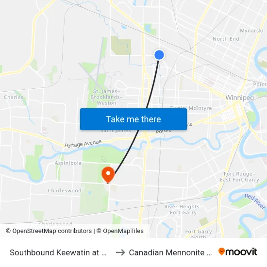 Southbound Keewatin at Notre Dame to Canadian Mennonite University map