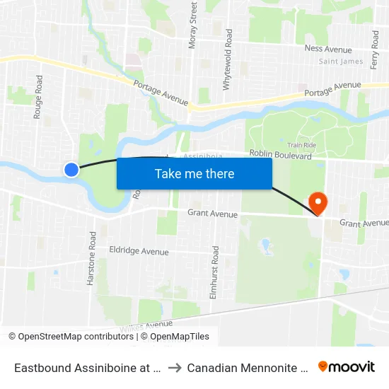 Eastbound Assiniboine at Westwood to Canadian Mennonite University map