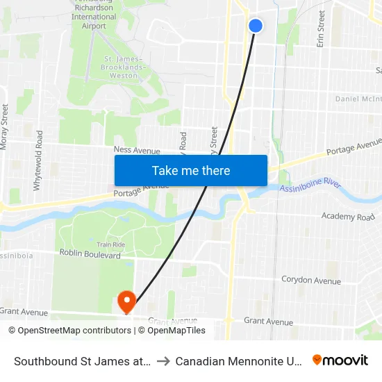 Southbound St James at Costco to Canadian Mennonite University map