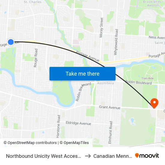 Northbound Unicity West Access at Unicity (Shoppers Drugs) to Canadian Mennonite University map