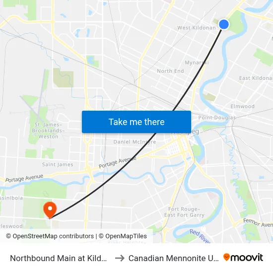 Northbound Main at Kildonan Park to Canadian Mennonite University map