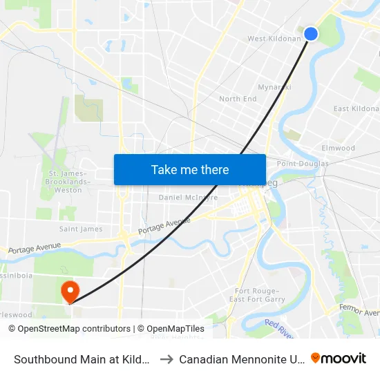Southbound Main at Kildonan Park to Canadian Mennonite University map
