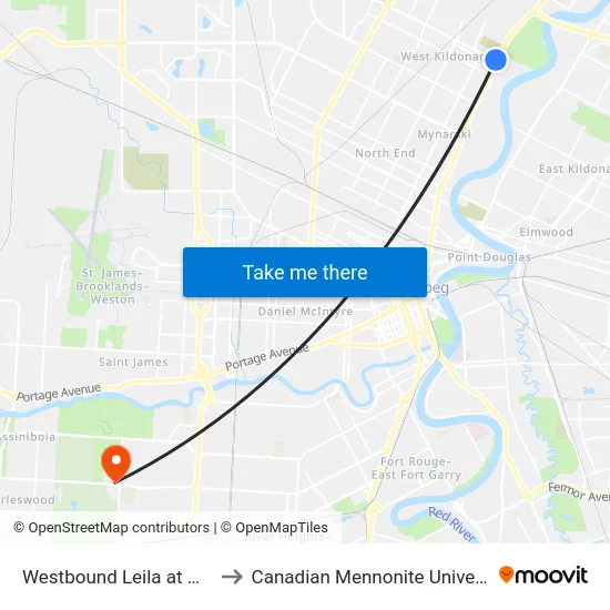 Westbound Leila at Main to Canadian Mennonite University map
