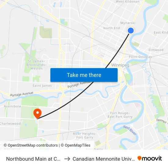 Northbound Main at Church to Canadian Mennonite University map