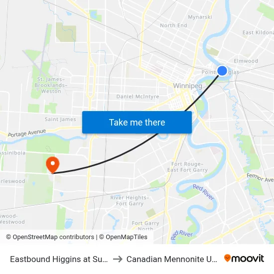 Eastbound Higgins at Sutherland to Canadian Mennonite University map