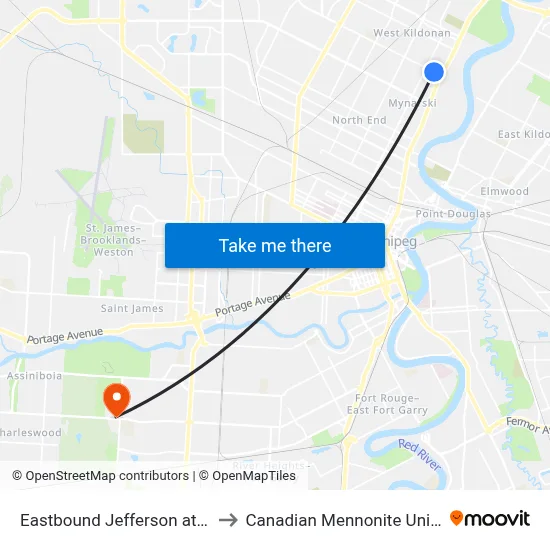 Eastbound Jefferson at Aikins to Canadian Mennonite University map