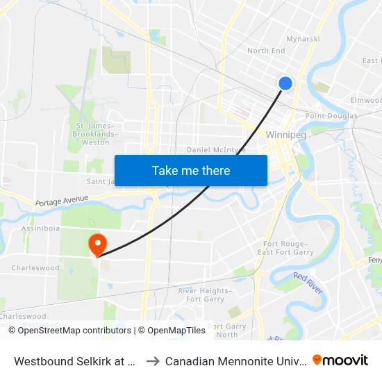 Westbound Selkirk at Aikins to Canadian Mennonite University map