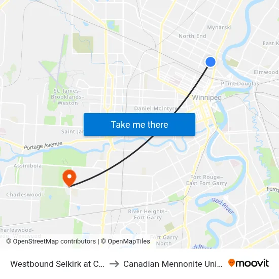 Westbound Selkirk at Charles to Canadian Mennonite University map