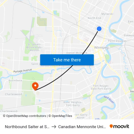 Northbound Salter at Selkirk to Canadian Mennonite University map