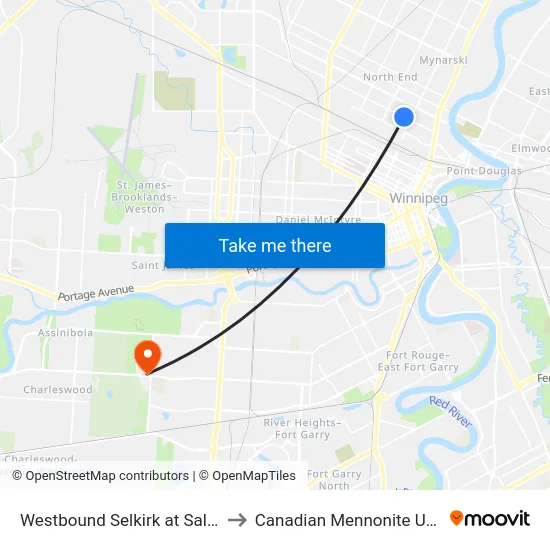 Westbound Selkirk at Salter West to Canadian Mennonite University map