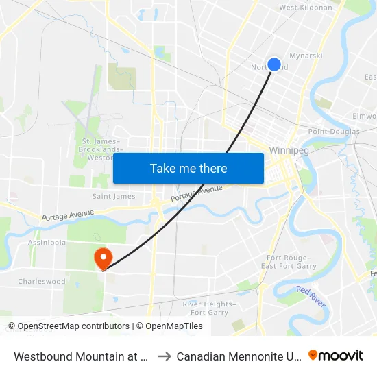 Westbound Mountain at Mckenzie to Canadian Mennonite University map