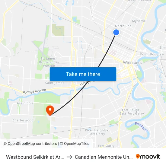 Westbound Selkirk at Arlington to Canadian Mennonite University map