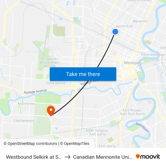Westbound Selkirk at Sinclair to Canadian Mennonite University map