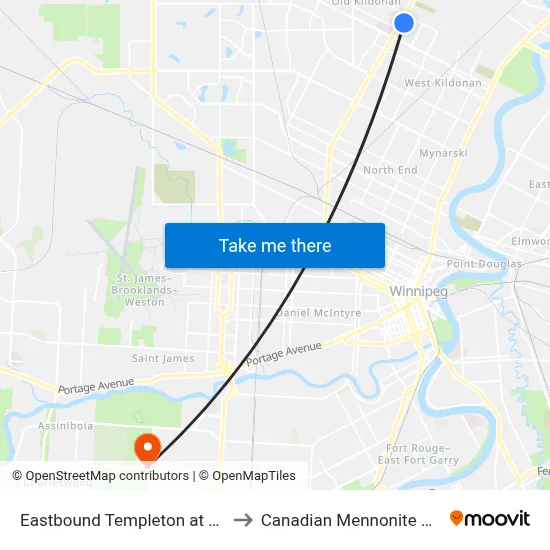 Eastbound Templeton at Mcphillips to Canadian Mennonite University map