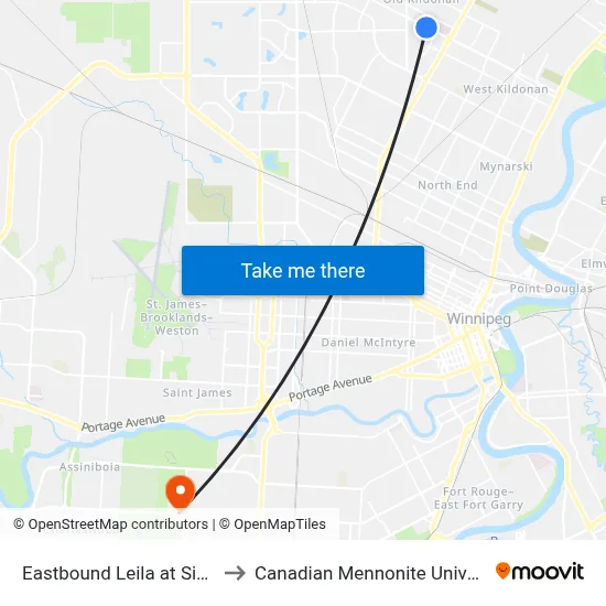Eastbound Leila at Simkin to Canadian Mennonite University map