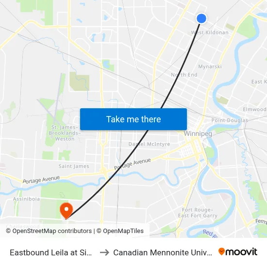 Eastbound Leila at Sinclair to Canadian Mennonite University map