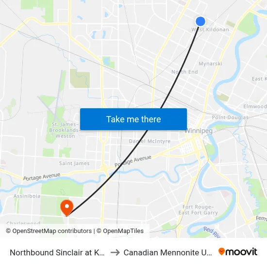 Northbound Sinclair at Kingsbury to Canadian Mennonite University map
