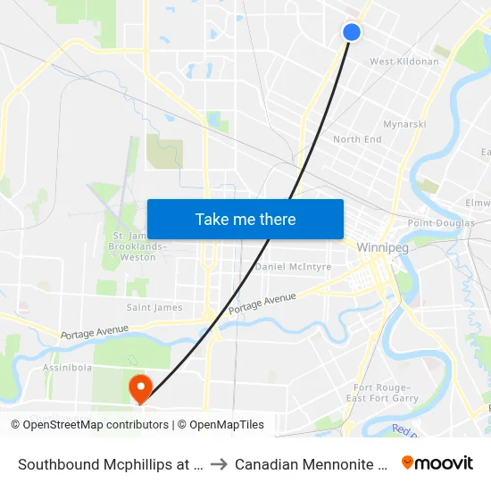 Southbound Mcphillips at Kingsbury to Canadian Mennonite University map