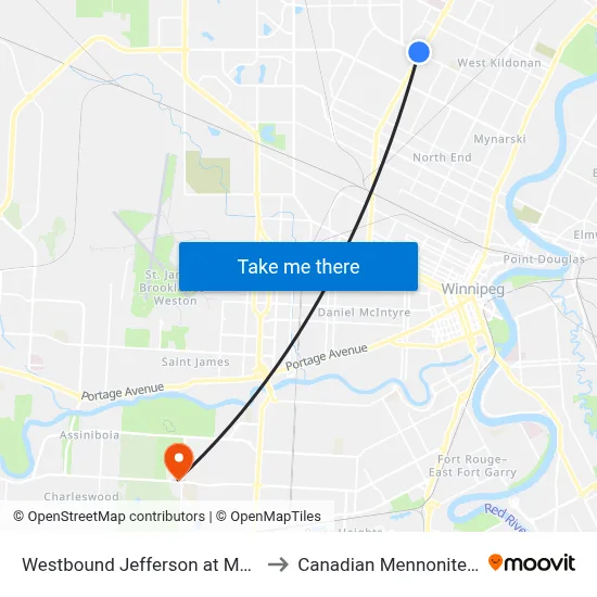Westbound Jefferson at Mcphillips West to Canadian Mennonite University map