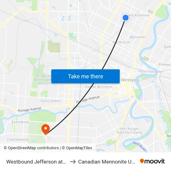 Westbound Jefferson at Sinclair to Canadian Mennonite University map