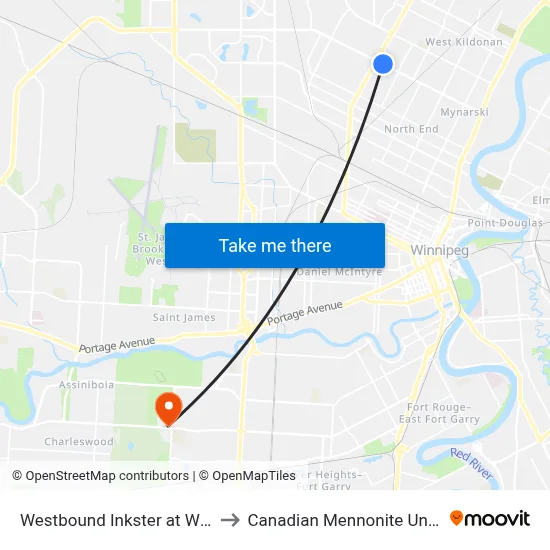 Westbound Inkster at Wiginton to Canadian Mennonite University map