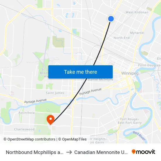 Northbound Mcphillips at Inkster to Canadian Mennonite University map