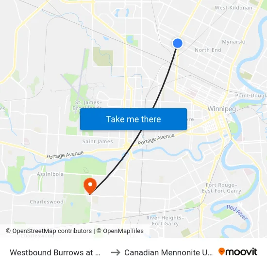 Westbound Burrows at Mcphillips to Canadian Mennonite University map