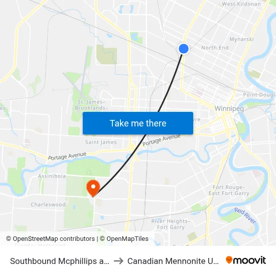 Southbound Mcphillips at Selkirk to Canadian Mennonite University map