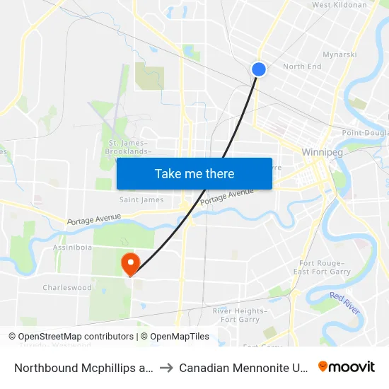 Northbound Mcphillips at Selkirk to Canadian Mennonite University map