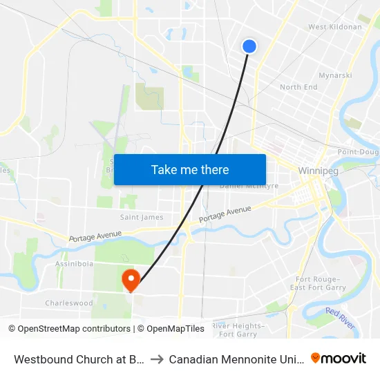 Westbound Church at Bunting to Canadian Mennonite University map