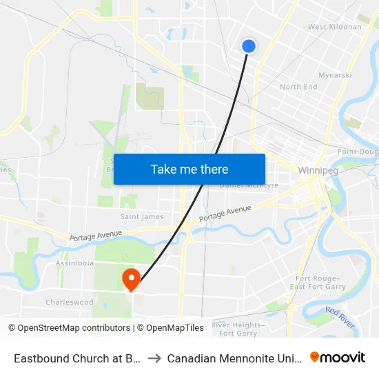Eastbound Church at Bunting to Canadian Mennonite University map