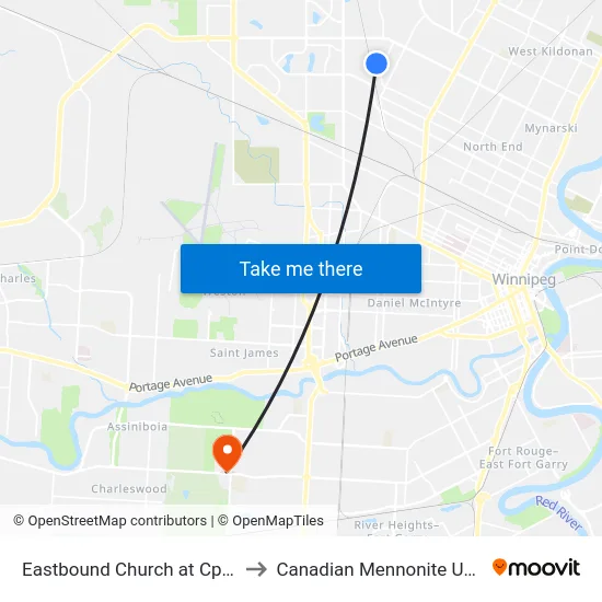 Eastbound Church at Cpr Arborg to Canadian Mennonite University map