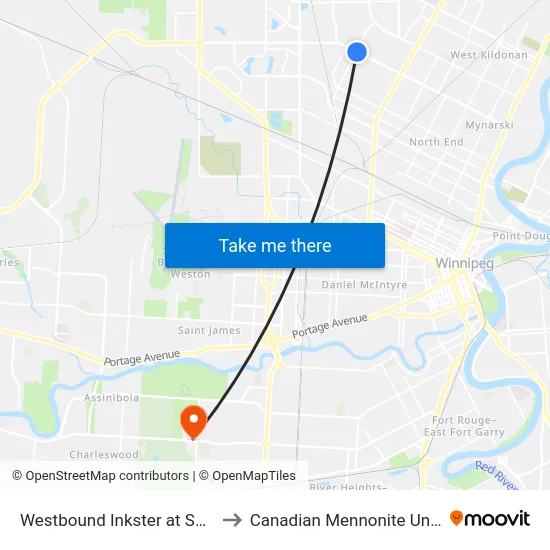 Westbound Inkster at Sheppard to Canadian Mennonite University map