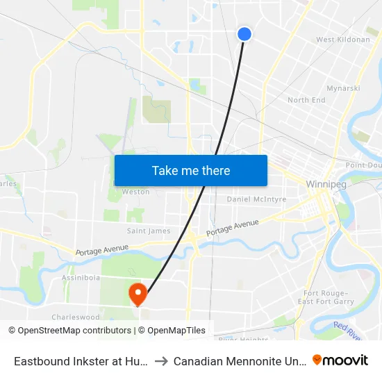Eastbound Inkster at Hutchings to Canadian Mennonite University map
