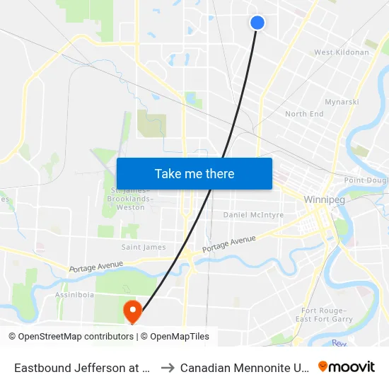 Eastbound Jefferson at Maevista to Canadian Mennonite University map